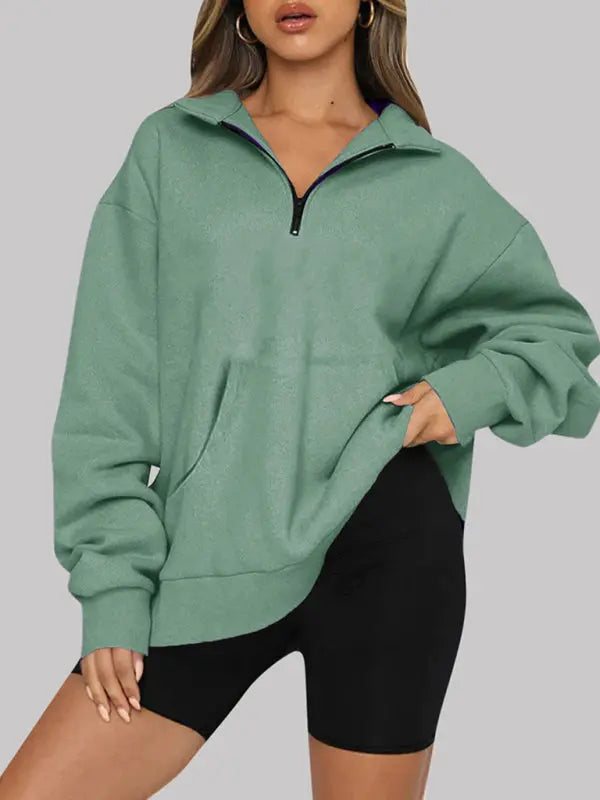 Blue Zone Planet | Pocket Top Half Zip Pullover Long Sleeve Sweatshirt Sweatshirt BLUE ZONE PLANET