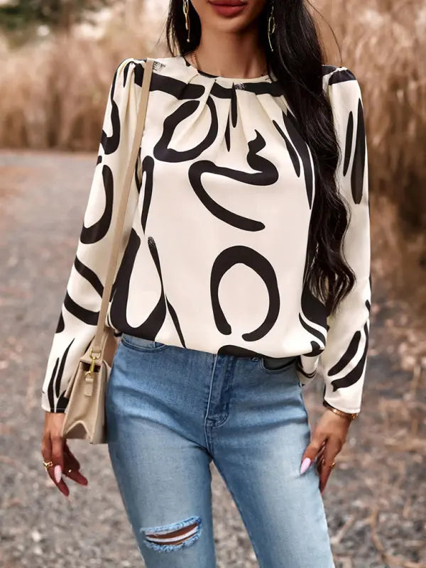 Blue Zone Planet | Printed Round Neck Long Sleeve Top BLUE ZONE PLANET