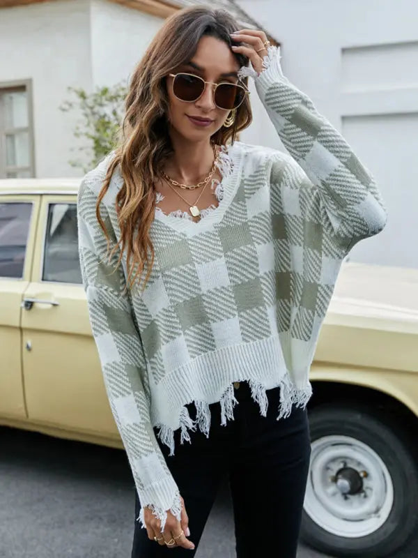 Blue Zone Planet | Pullover Cropped V Neck Leopard Fringe Knit Sweater BLUE ZONE PLANET