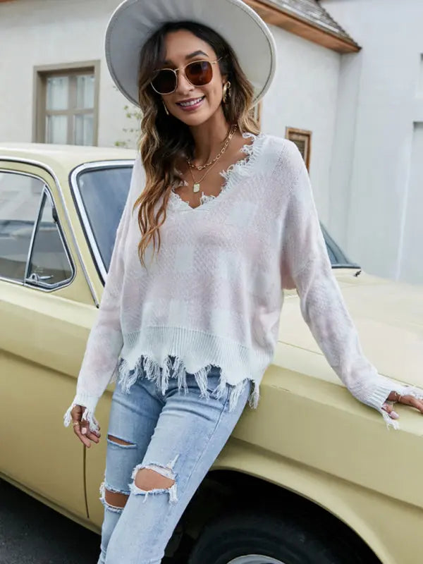 Blue Zone Planet | Pullover Cropped V Neck Leopard Fringe Knit Sweater BLUE ZONE PLANET
