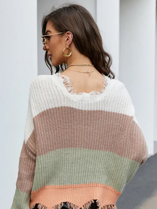 Blue Zone Planet | Pullover Cropped V Neck Leopard Fringe Knit Sweater BLUE ZONE PLANET