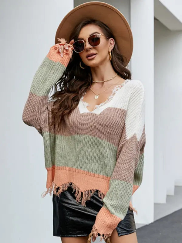 Blue Zone Planet | Pullover Cropped V Neck Leopard Fringe Knit Sweater BLUE ZONE PLANET