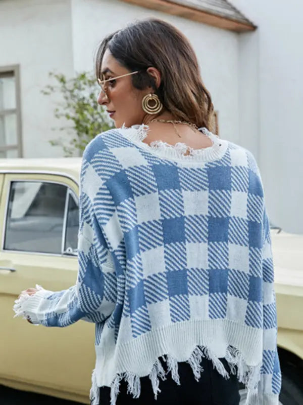Blue Zone Planet | Pullover Cropped V Neck Leopard Fringe Knit Sweater BLUE ZONE PLANET
