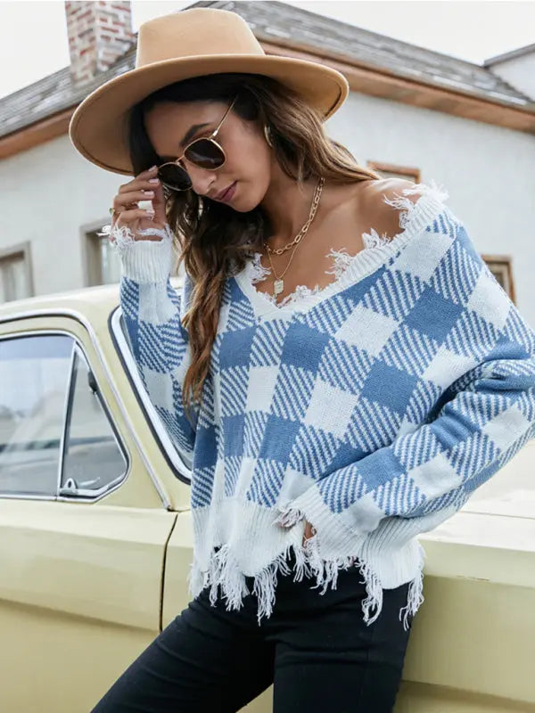 Blue Zone Planet | Pullover Cropped V Neck Leopard Fringe Knit Sweater BLUE ZONE PLANET