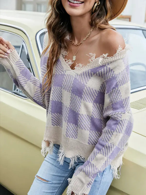 Blue Zone Planet | Pullover Cropped V Neck Leopard Fringe Knit Sweater BLUE ZONE PLANET
