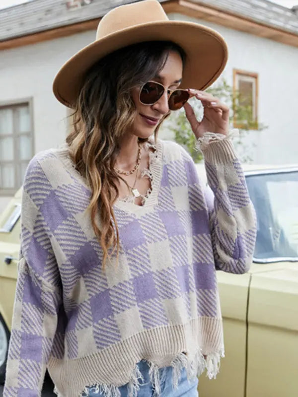 Blue Zone Planet | Pullover Cropped V Neck Leopard Fringe Knit Sweater BLUE ZONE PLANET