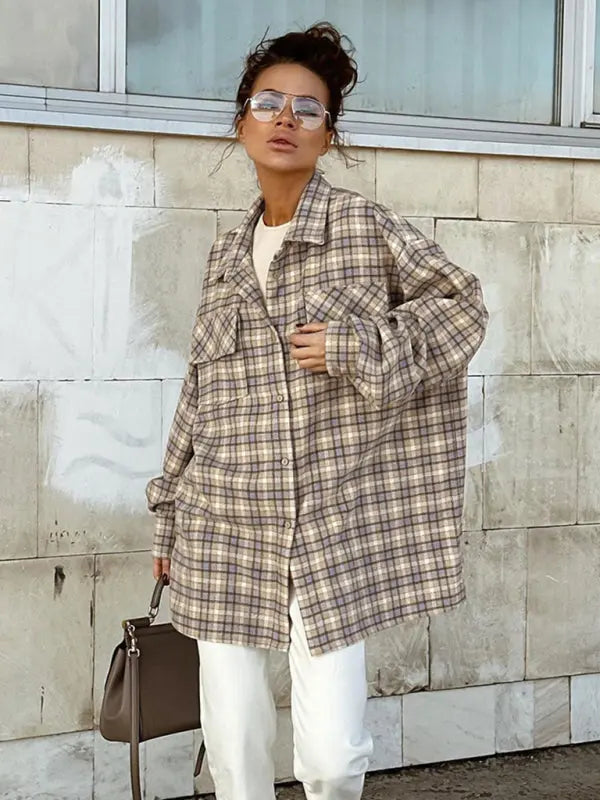 Blue Zone Planet | Retro Plaid Oversize Long Sleeve Shirt Jacket BLUE ZONE PLANET