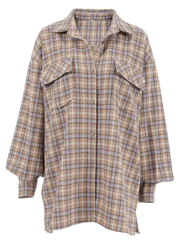 Blue Zone Planet | Retro Plaid Oversize Long Sleeve Shirt Jacket BLUE ZONE PLANET