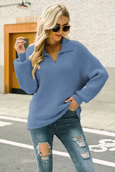 Blue Zone Planet |  Ribbed Johnny Collar Pullover Sweater BLUE ZONE PLANET