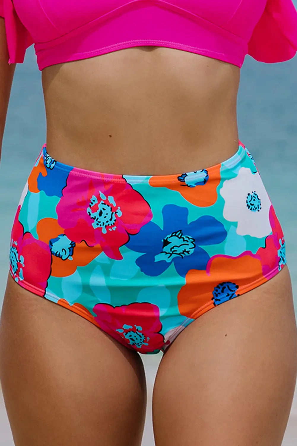 Blue Zone Planet | Rose Red Floral Print High Waist Bikini Bottoms Blue Zone Planet