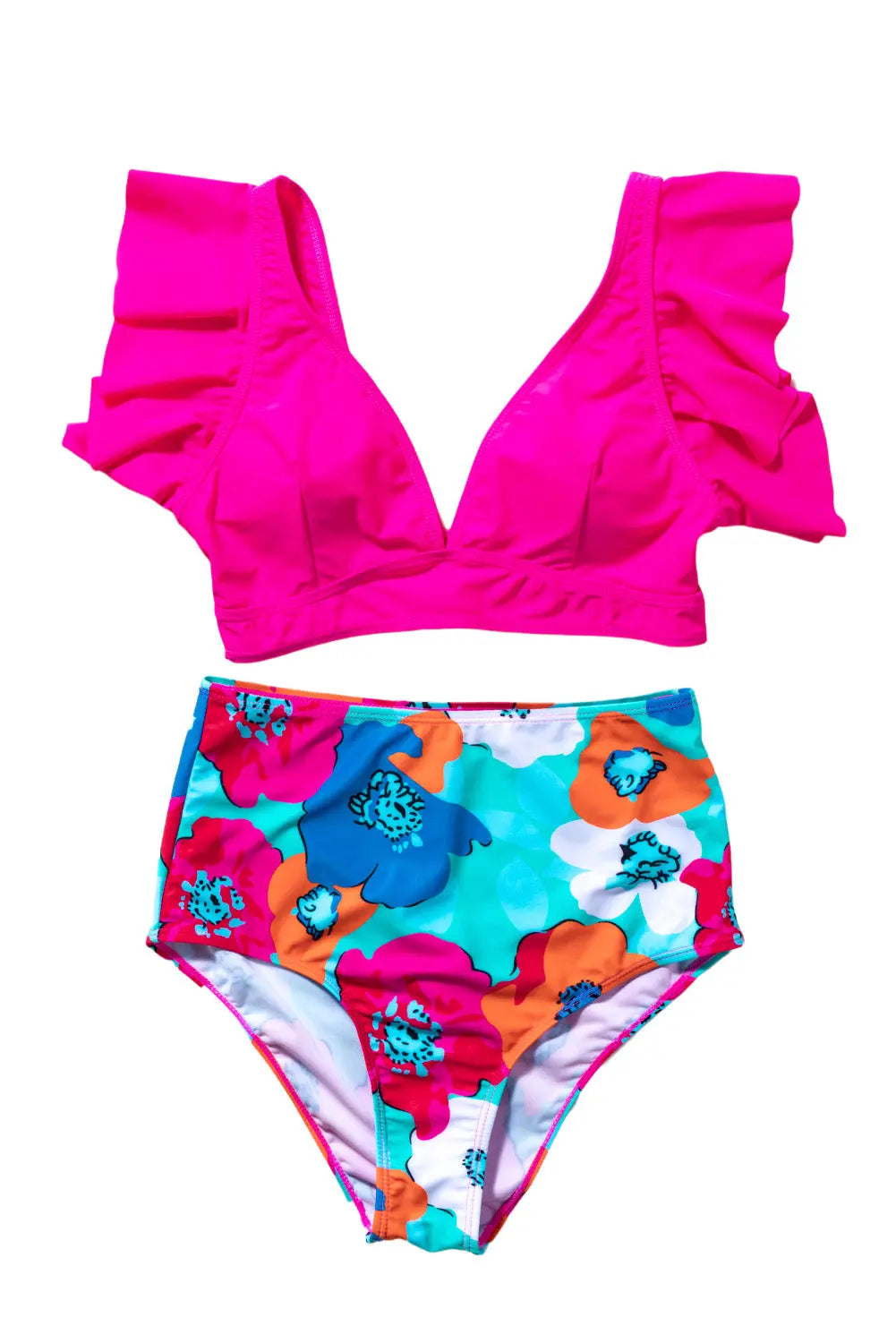 Blue Zone Planet | Rose Red Floral Print High Waist Bikini Bottoms Blue Zone Planet