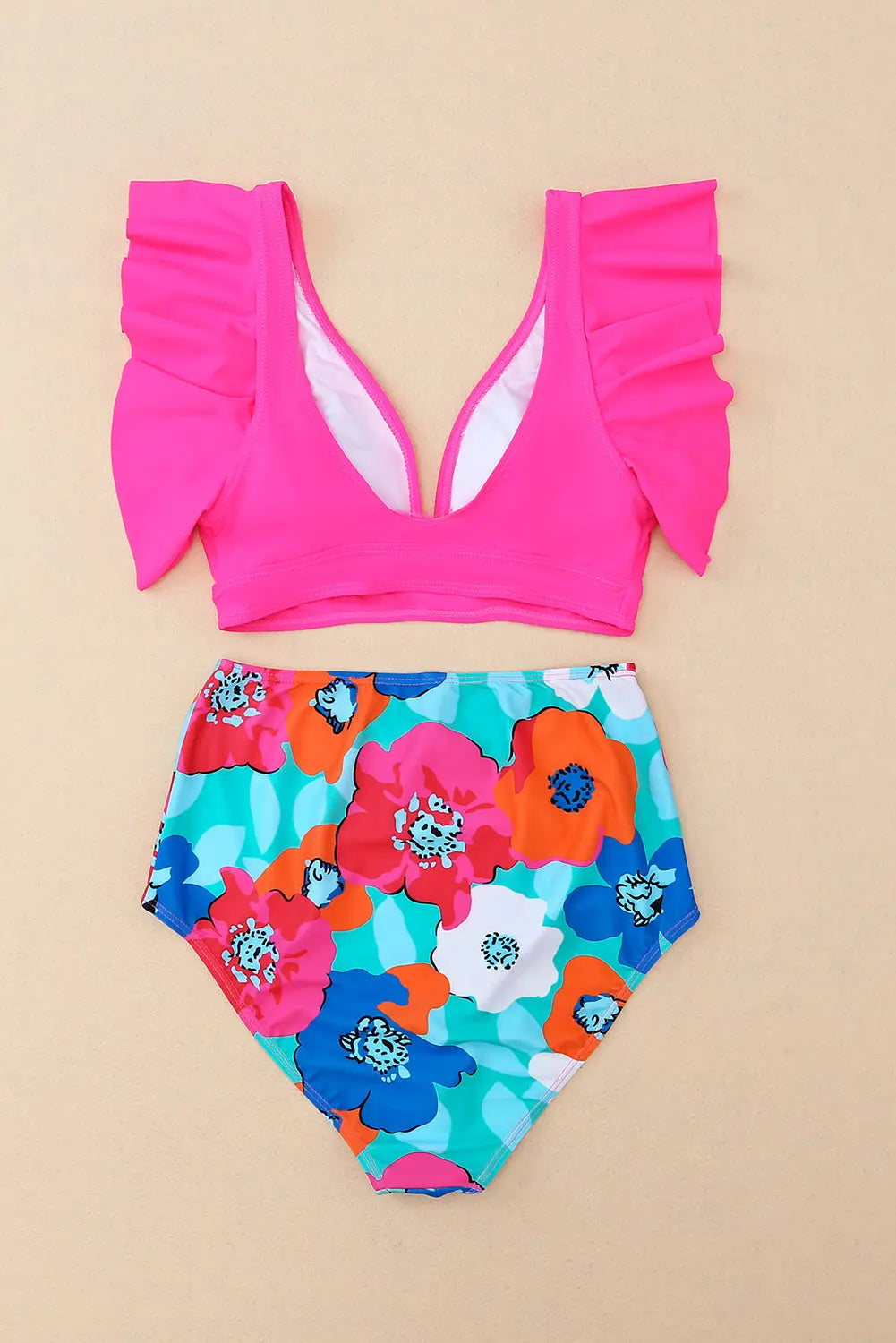 Blue Zone Planet | Rose Red Floral Print High Waist Bikini Bottoms Blue Zone Planet