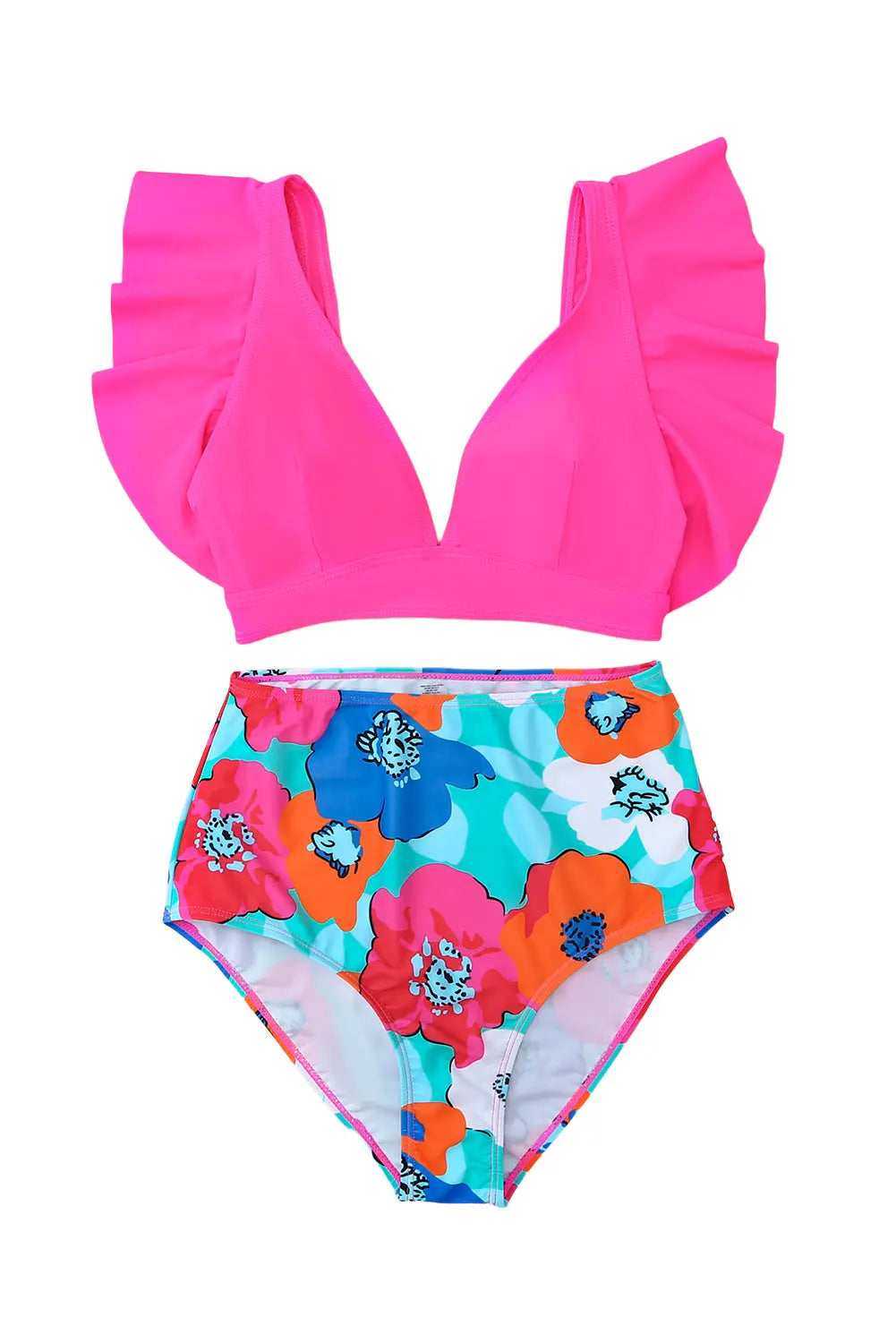 Blue Zone Planet | Rose Red Floral Print High Waist Bikini Bottoms Blue Zone Planet