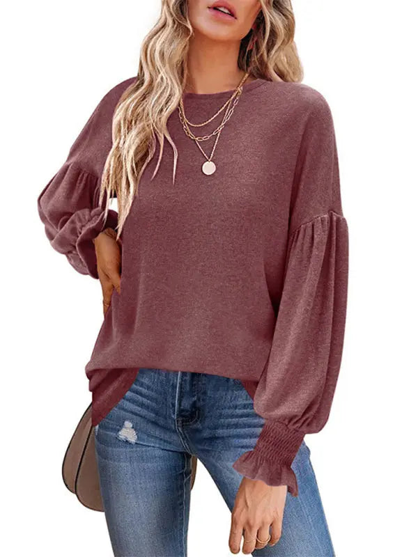 Blue Zone Planet | Round Neck Pleated Balloon Sleeve Ladies Long Sleeve Top BLUE ZONE PLANET