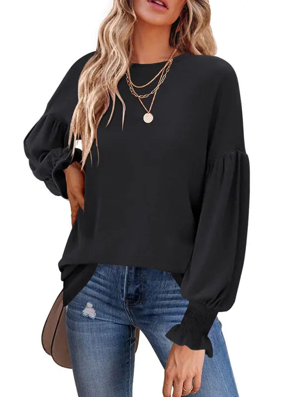 Blue Zone Planet | Round Neck Pleated Balloon Sleeve Ladies Long Sleeve Top BLUE ZONE PLANET