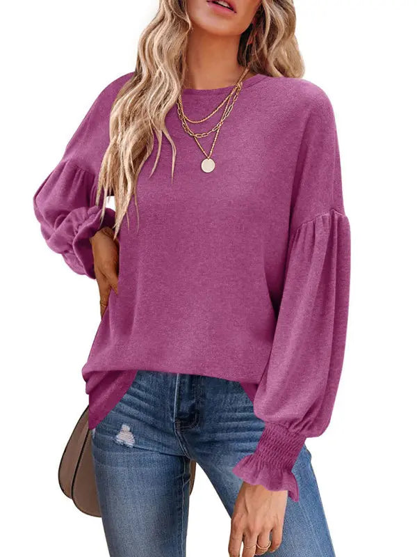 Blue Zone Planet | Round Neck Pleated Balloon Sleeve Ladies Long Sleeve Top BLUE ZONE PLANET