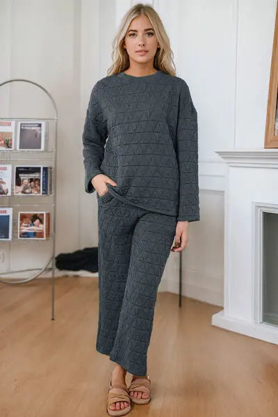 Blue Zone Planet | Round Neck Top and Pocketed Pants Lounge Set BLUE ZONE PLANET