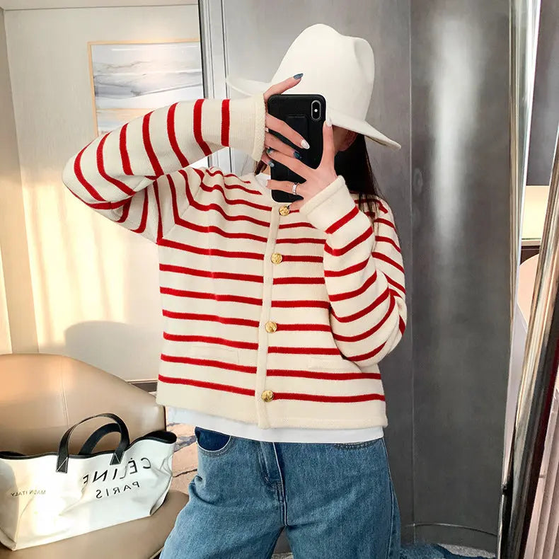Blue Zone Planet | Round neck striped knitted cardigan short coat long sleeve sweater BLUE ZONE PLANET