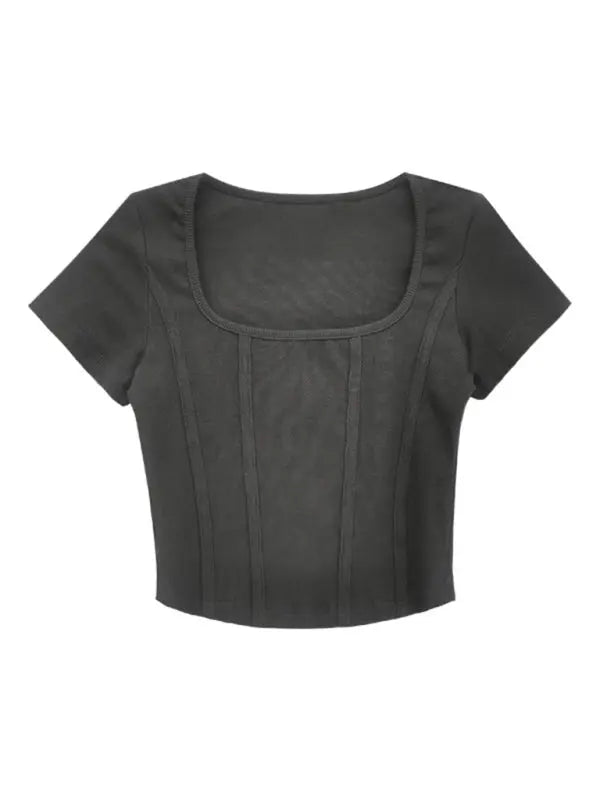 Blue Zone Planet | Roxy's Retro Three-dimensional Herringbone Line Slim Square Neck Short Sleeve T-Shirt kakaclo