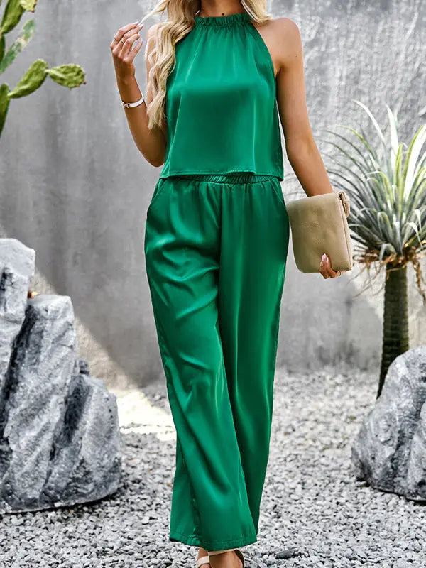 Blue Zone Planet | Samantha's Glossy Fabric Trousers Two-piece Set kakaclo