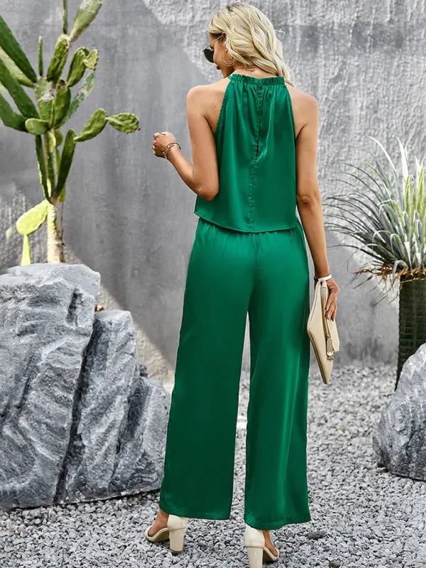 Blue Zone Planet | Samantha's Glossy Fabric Trousers Two-piece Set kakaclo