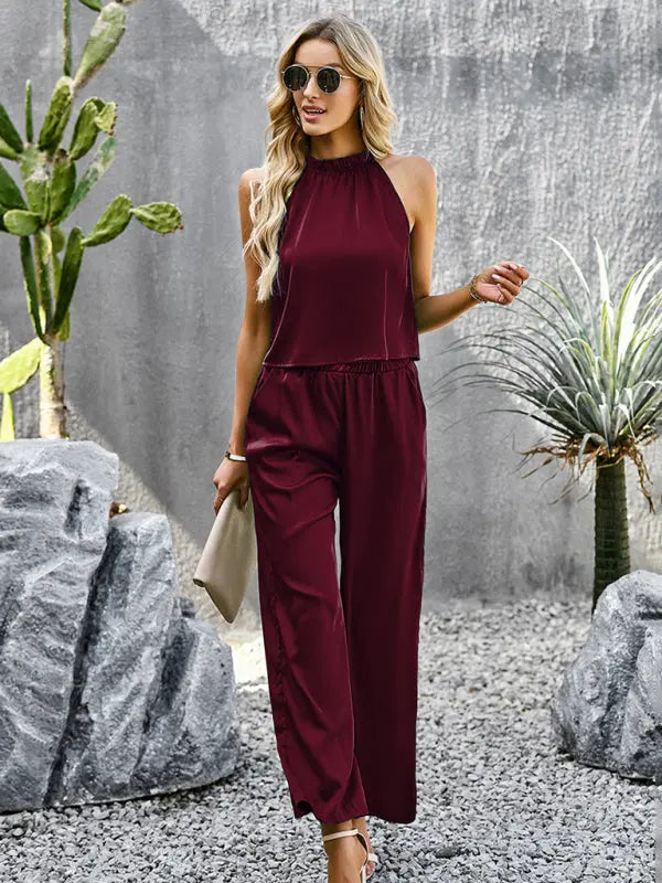 Blue Zone Planet | Samantha's Glossy Fabric Trousers Two-piece Set kakaclo