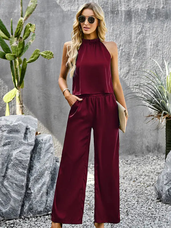 Blue Zone Planet | Samantha's Glossy Fabric Trousers Two-piece Set kakaclo