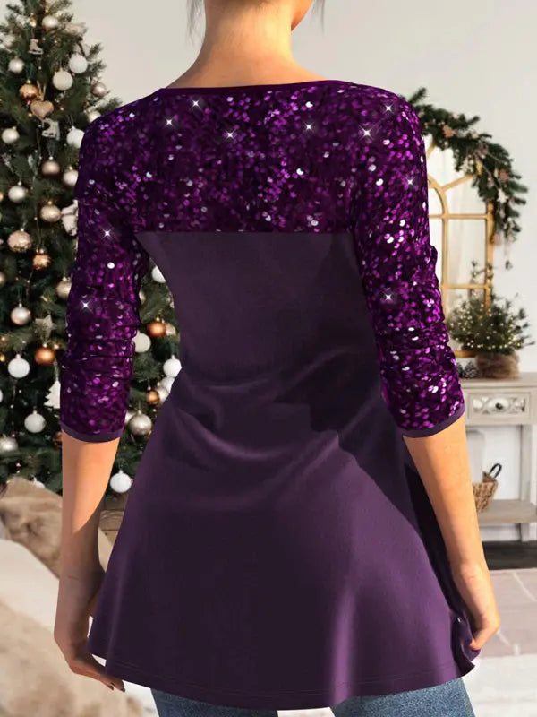 Blue Zone Planet | Sequin patchwork top waist-cinching pleated V-neck A-hem blouse kakaclo