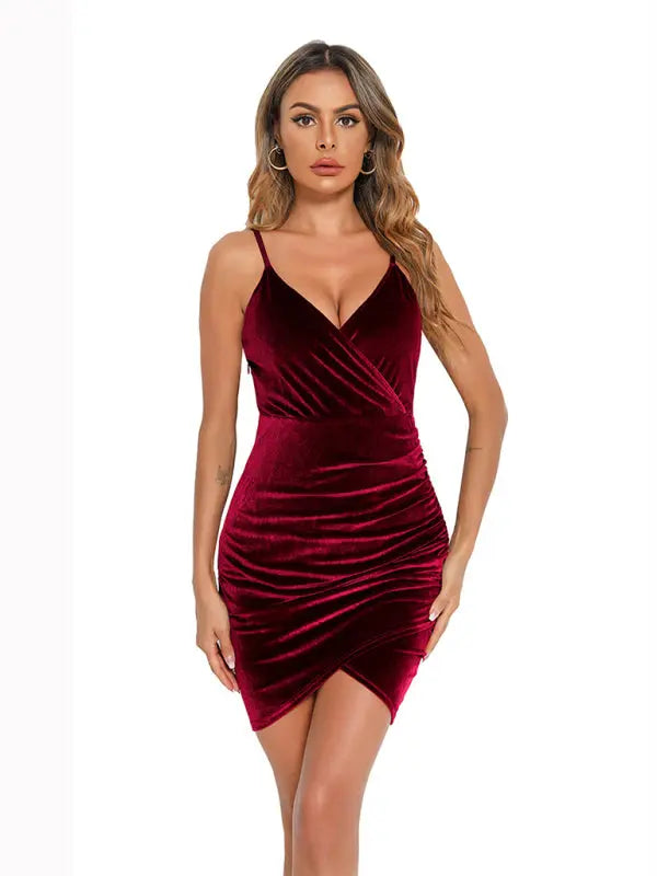 Blue Zone Planet | Sexy v-neck slim pleated evening dress suspender skirt irregular dress kakaclo