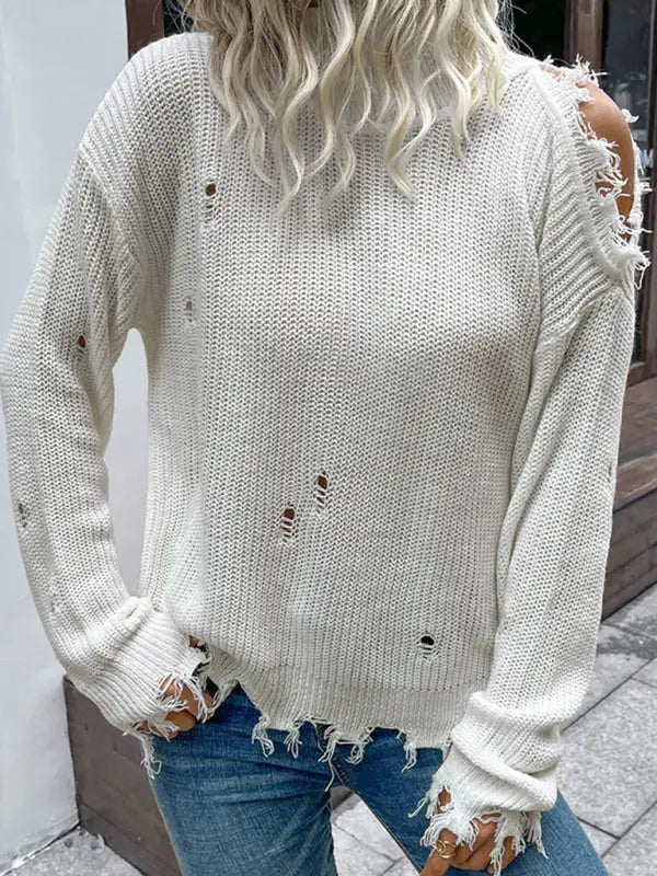 Blue Zone Planet | Shabby Long Sleeve Cutout White Turtleneck Sweater BLUE ZONE PLANET