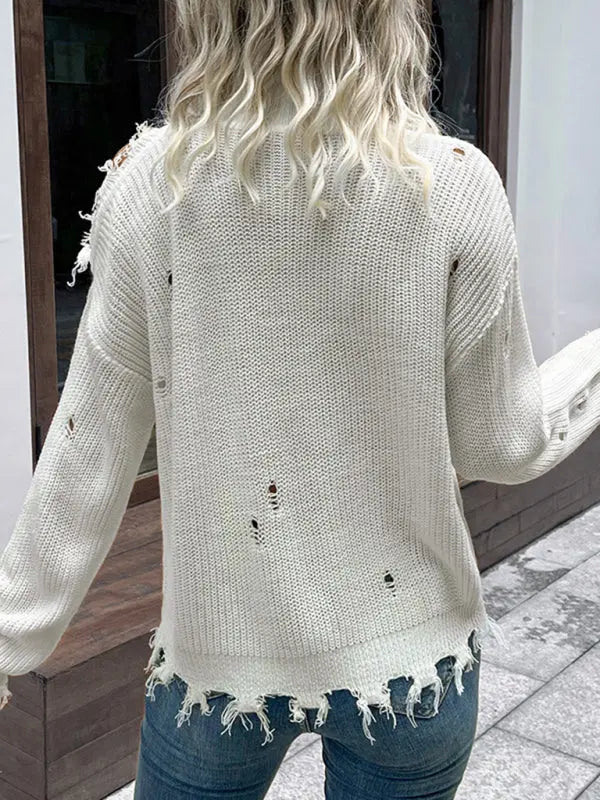 Blue Zone Planet | Shabby Long Sleeve Cutout White Turtleneck Sweater BLUE ZONE PLANET