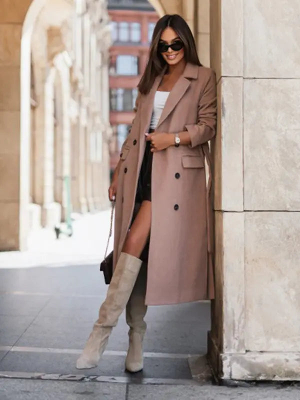 Blue Zone Planet | Simple long-sleeved solid color suit collar tie-up maxi jacket BLUE ZONE PLANET