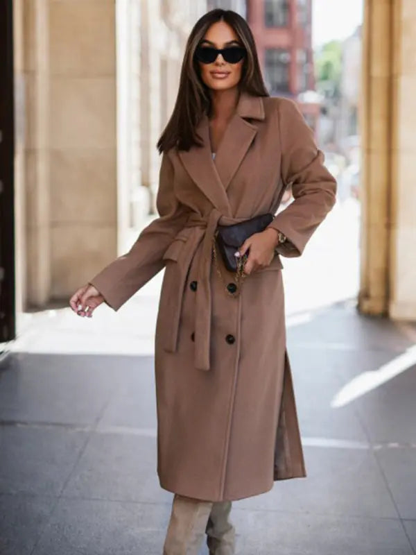 Blue Zone Planet | Simple long-sleeved solid color suit collar tie-up maxi jacket BLUE ZONE PLANET
