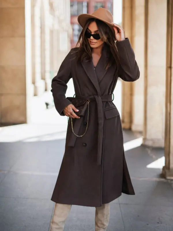 Blue Zone Planet | Simple long-sleeved solid color suit collar tie-up maxi jacket BLUE ZONE PLANET