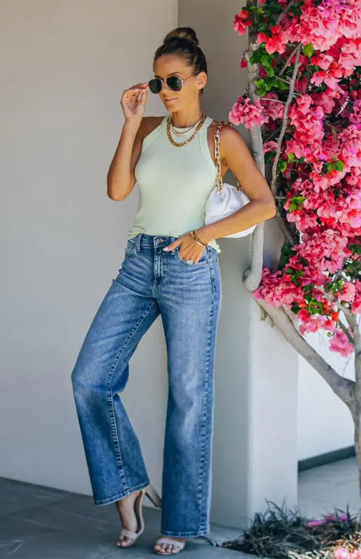 Blue Zone Planet | Skinny Straight Tube Washed Mid-Waist Jeans BLUE ZONE PLANET