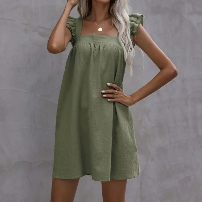 Blue Zone Planet | Sling dress loose ruffled solid color cotton and linen dress BLUE ZONE PLANET