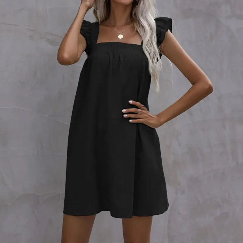 Blue Zone Planet | Sling dress loose ruffled solid color cotton and linen dress BLUE ZONE PLANET