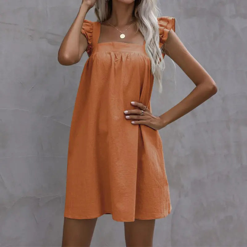 Blue Zone Planet | Sling dress loose ruffled solid color cotton and linen dress BLUE ZONE PLANET