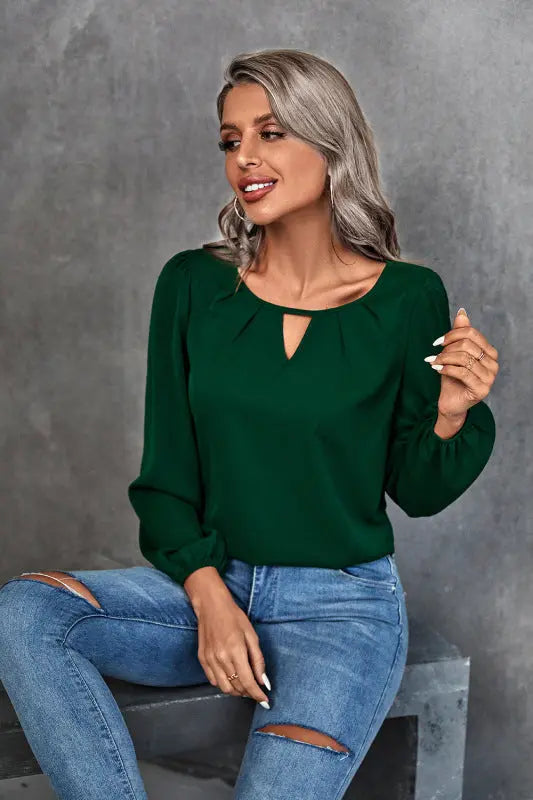 Blue Zone Planet | Solid Classic Gathered Long Sleeve Shirt BLUE ZONE PLANET
