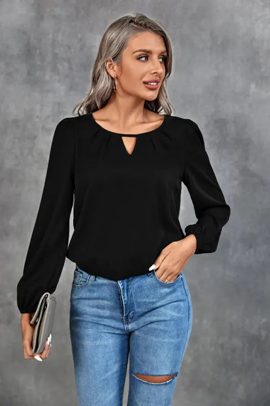 Blue Zone Planet | Solid Classic Gathered Long Sleeve Shirt BLUE ZONE PLANET