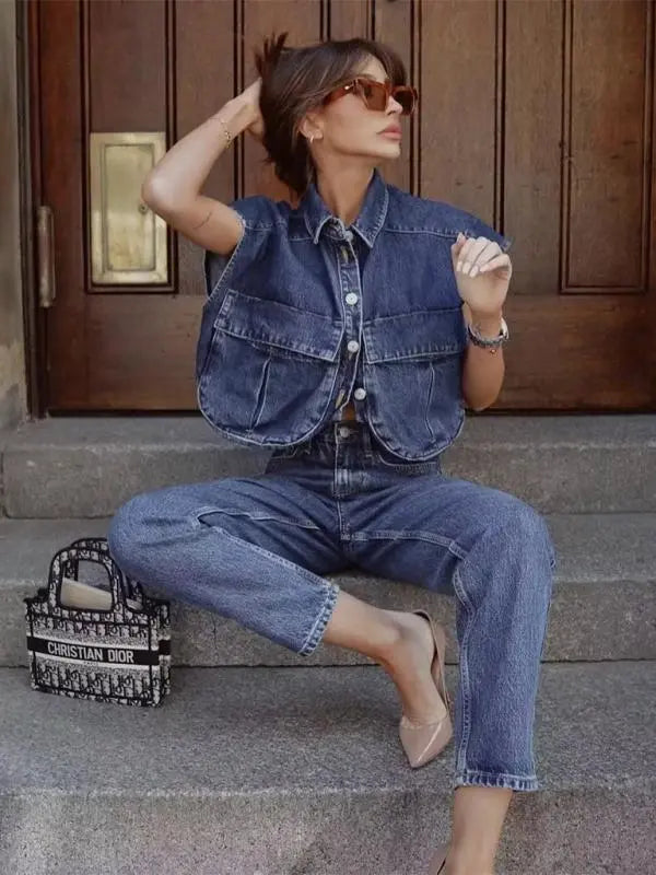 Blue Zone Planet | Solid Color Big Pocket Sleeveless Lapel Shirt Denim Top BLUE ZONE PLANET