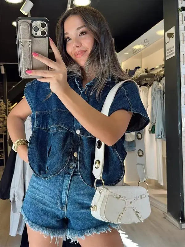 Blue Zone Planet | Solid Color Big Pocket Sleeveless Lapel Shirt Denim Top BLUE ZONE PLANET