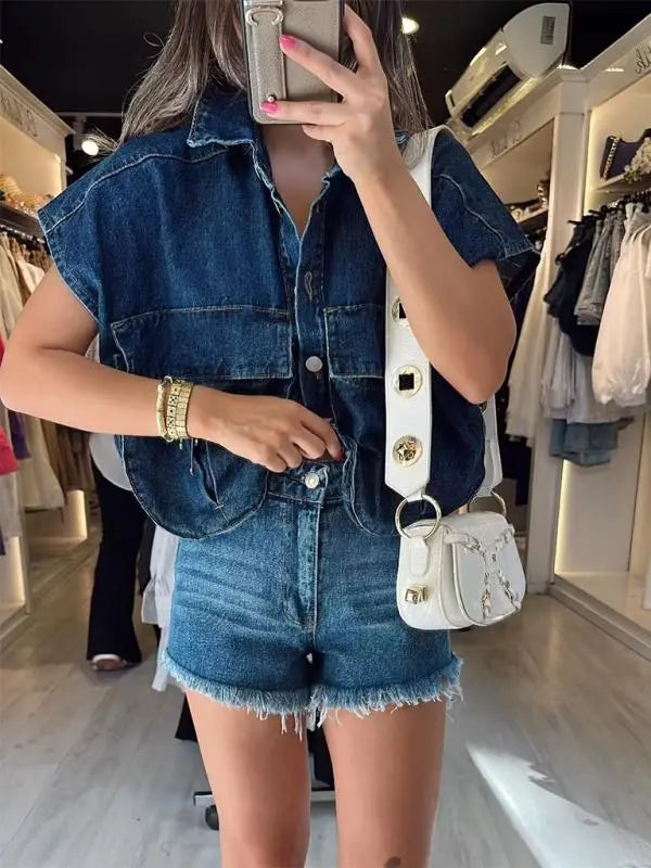 Blue Zone Planet | Solid Color Big Pocket Sleeveless Lapel Shirt Denim Top BLUE ZONE PLANET