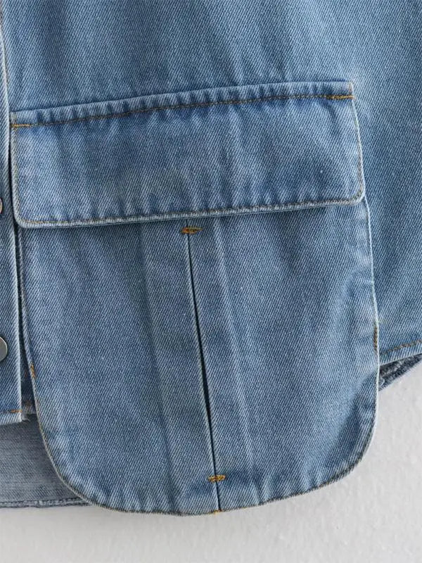 Blue Zone Planet | Solid Color Big Pocket Sleeveless Lapel Shirt Denim Top BLUE ZONE PLANET