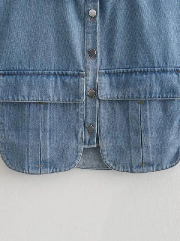 Blue Zone Planet | Solid Color Big Pocket Sleeveless Lapel Shirt Denim Top BLUE ZONE PLANET