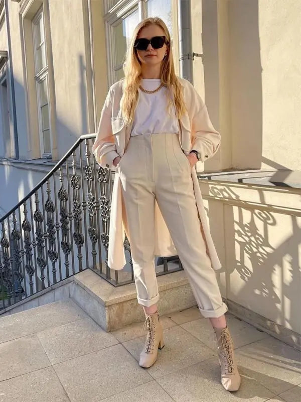 Blue Zone Planet | Solid Color High Waist Trousers Slim Pants BLUE ZONE PLANET