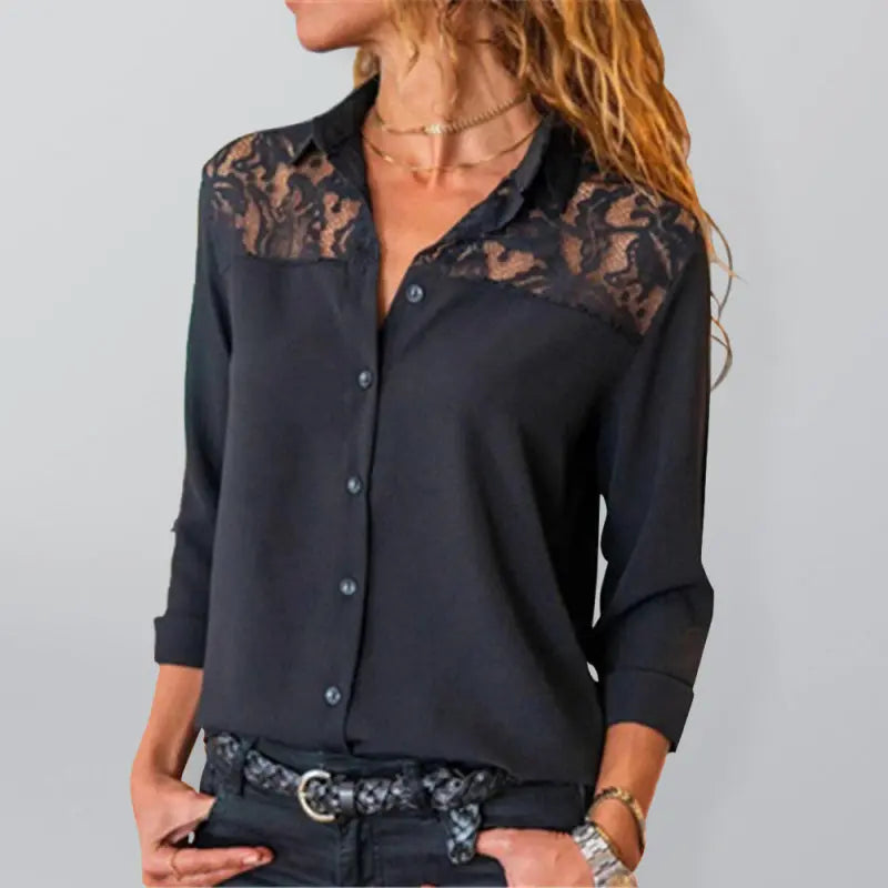 Blue Zone Planet | Solid Color Lace Panel Long Sleeve Shirt BLUE ZONE PLANET