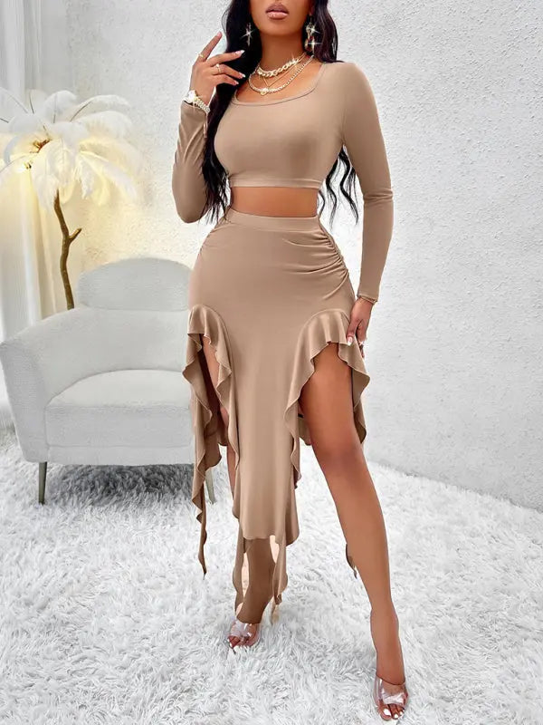 Blue Zone Planet | Solid Color Round Neck Long Sleeve Top Ruffled Skirt Suit BLUE ZONE PLANET