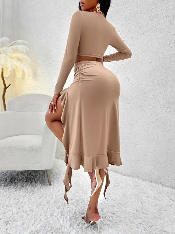 Blue Zone Planet | Solid Color Round Neck Long Sleeve Top Ruffled Skirt Suit BLUE ZONE PLANET