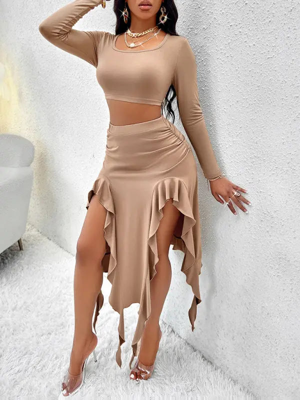 Blue Zone Planet | Solid Color Round Neck Long Sleeve Top Ruffled Skirt Suit BLUE ZONE PLANET
